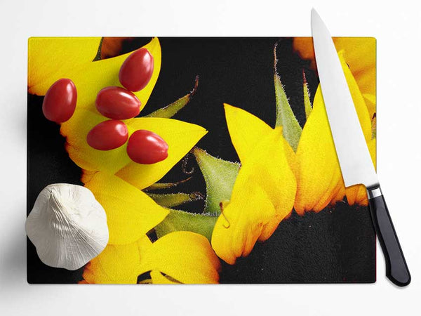 Close-Up Of A Yellow Sunflowers Glass Chopping Board