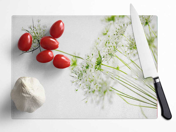 White On White Flowers Glass Chopping Board