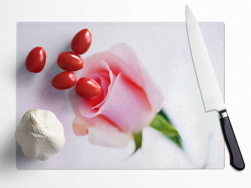 Single Pink Rose Bud Glass Chopping Board