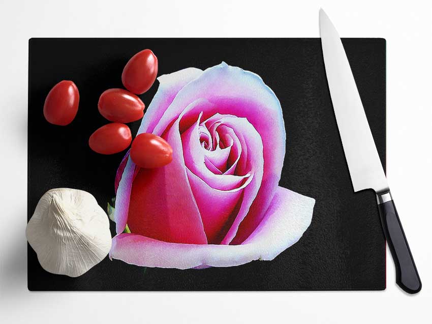 Pink Rose On Black Glass Chopping Board