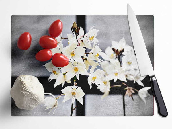 White Snowdrop Cross Glass Chopping Board