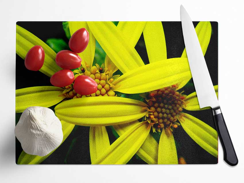 Yellow Star Flowers Glass Chopping Board