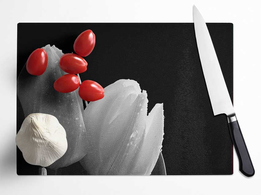 Black And White Tulip Beautys Glass Chopping Board