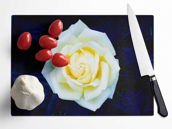 Yellow Rose On Blue Leaves Glass Chopping Board