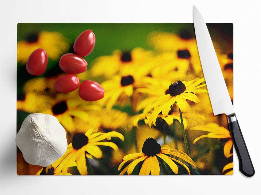 Yellow Daisy Pom Poms Glass Chopping Board