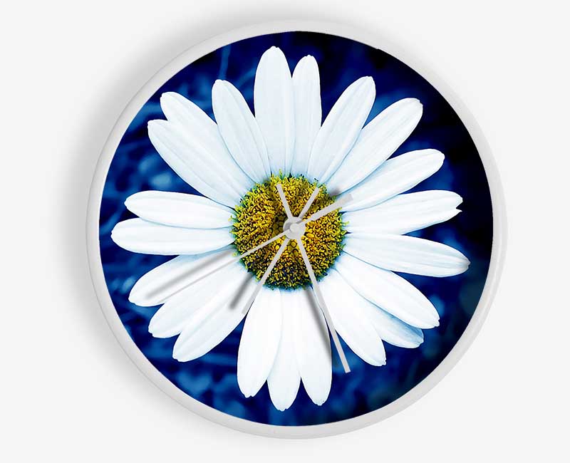 White Daisy Face On Blue Clock - Wallart-Direct UK