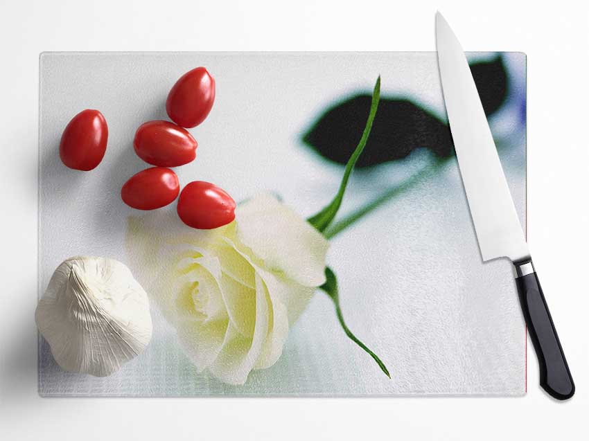 Single White Rose Glass Chopping Board