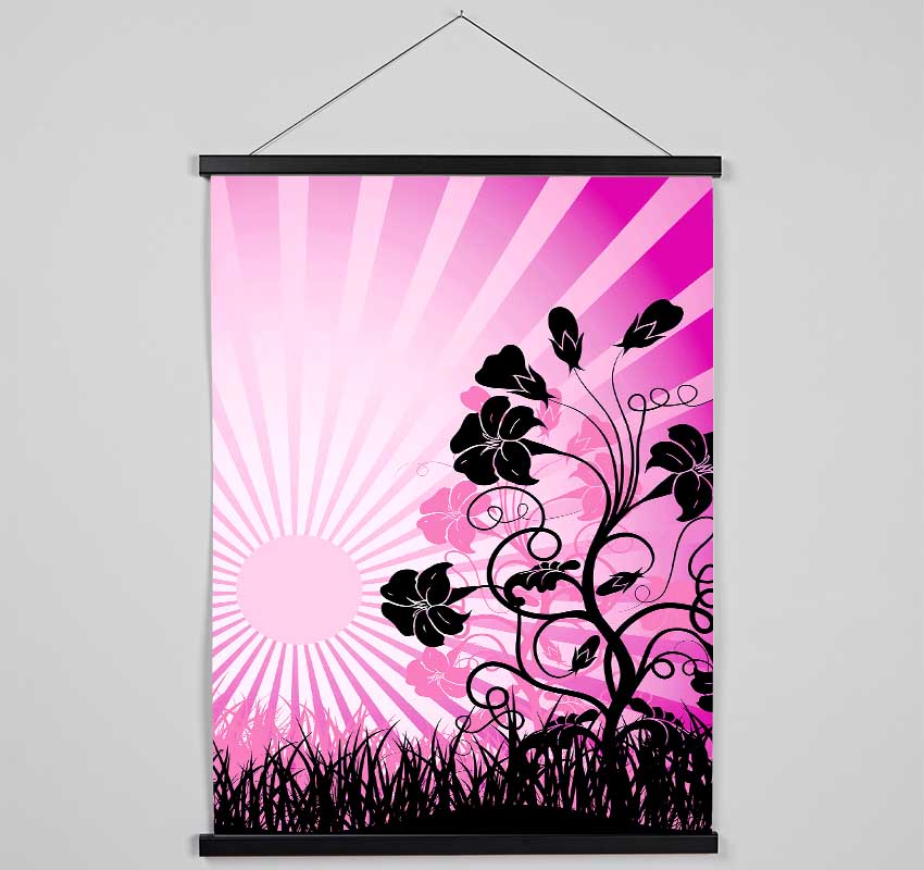 Black Flowers Pink Sunrays Hanging Poster - Wallart-Direct UK