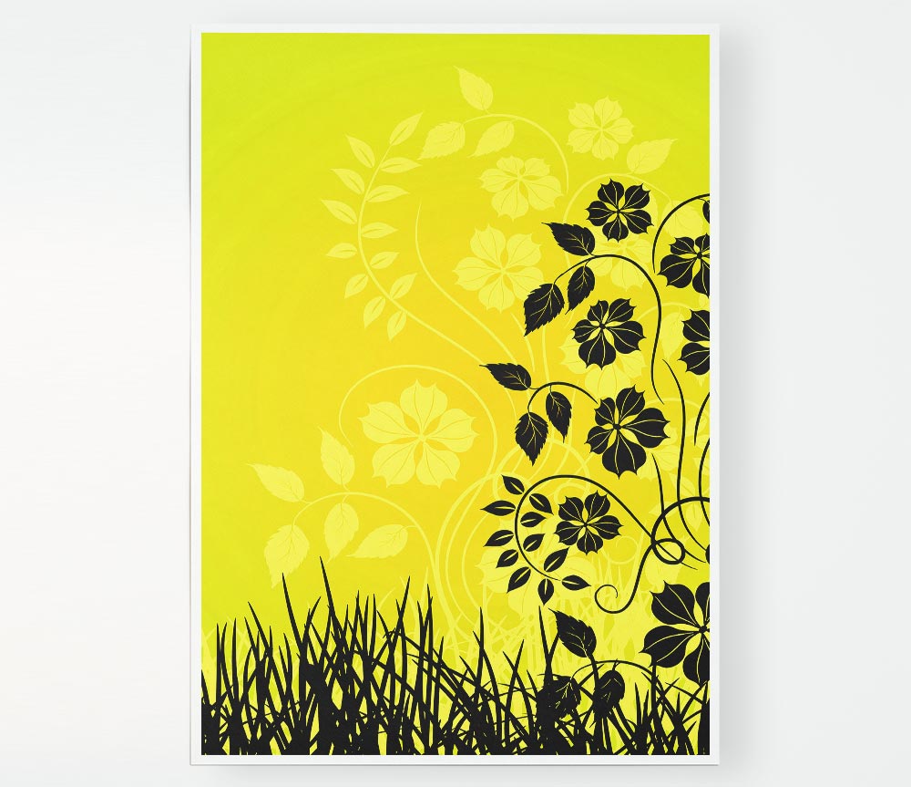 Black Flowers In Yellow Sun Print Poster Wall Art