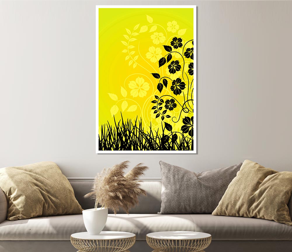 Black Flowers In Yellow Sun Print Poster Wall Art