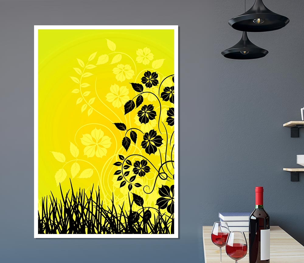 Black Flowers In Yellow Sun Print Poster Wall Art