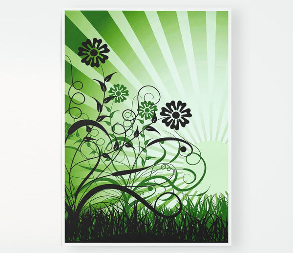 Green Sunrays Print Poster Wall Art