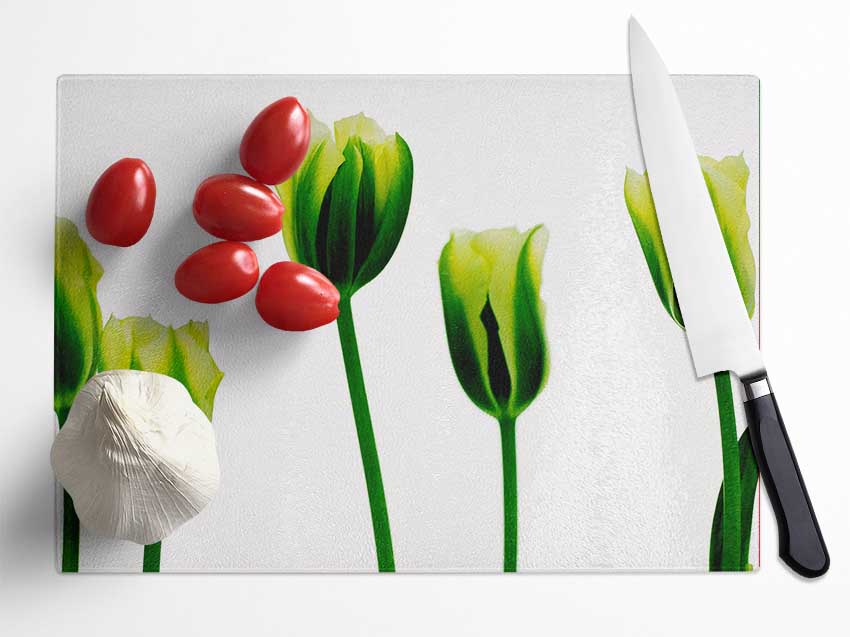 White Green Tulip Parade Glass Chopping Board