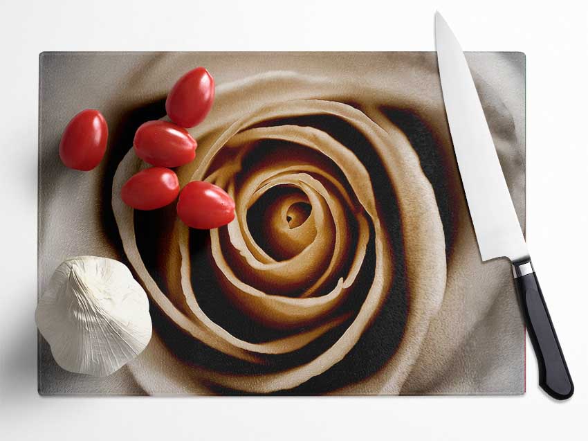 Stunning Sepia Rose Close-Up Glass Chopping Board