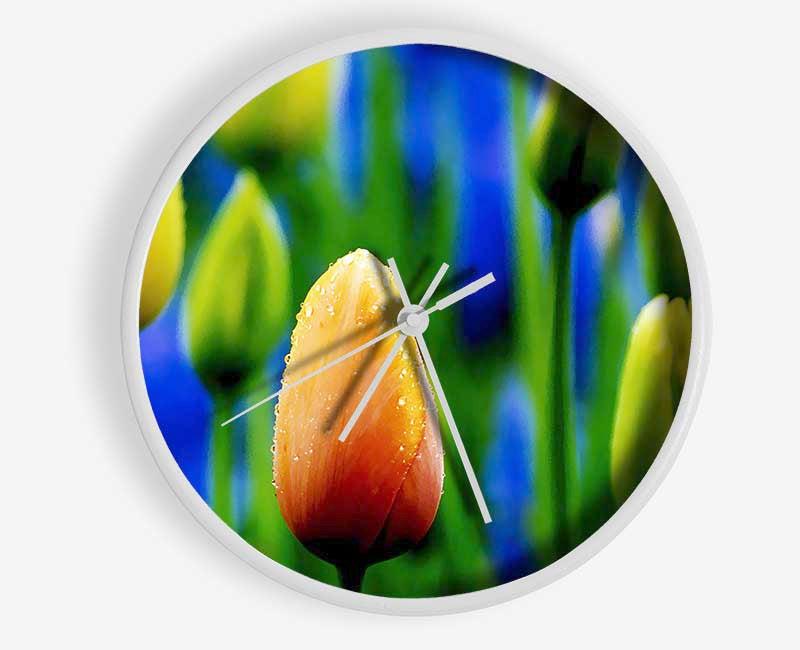 Yellow Tulips In A Blue Field Clock - Wallart-Direct UK