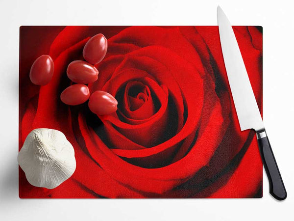 Close-Up Of The Soft Red Rose Glass Chopping Board