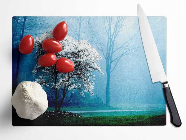 White Magnolia Tree Glass Chopping Board