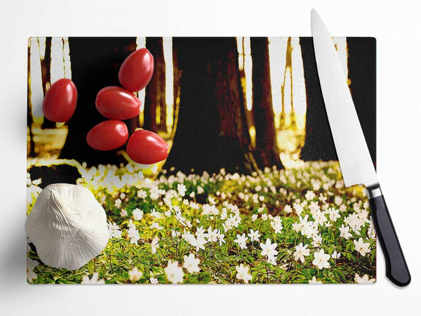 White Forest Flowers Glass Chopping Board