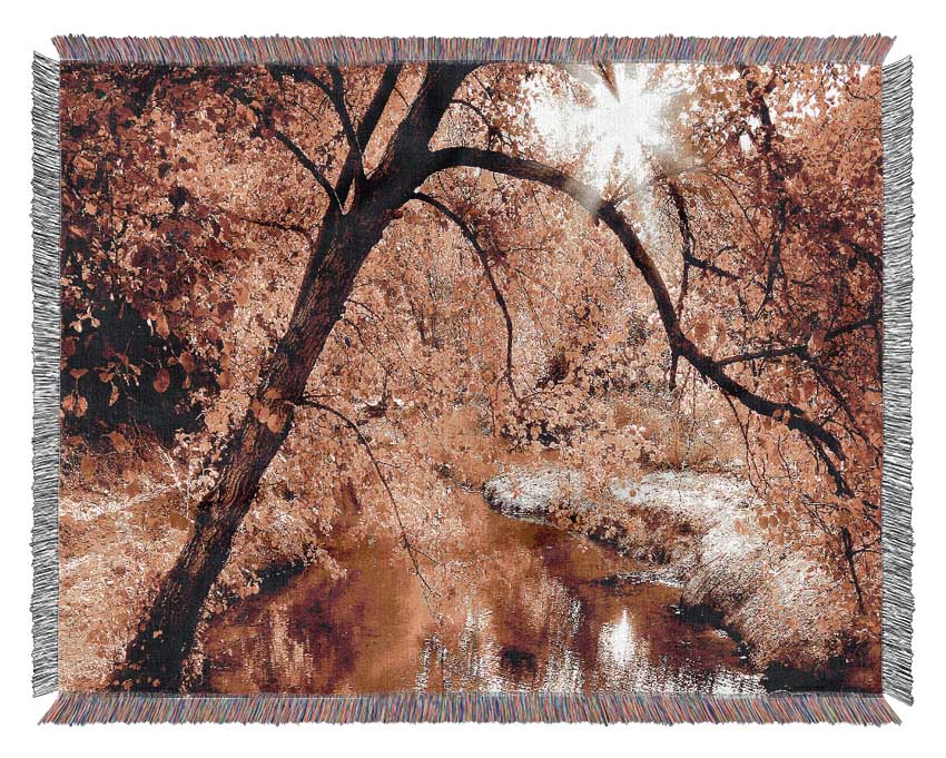 Creek In The Autumn Forest Woven Blanket