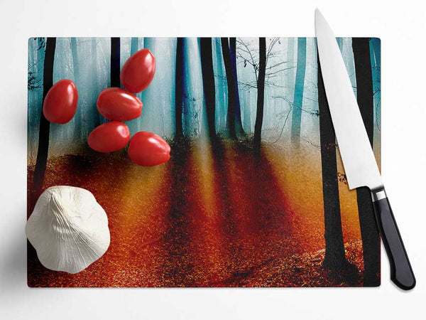 Autumn Forest Blue Sun Beams Glass Chopping Board