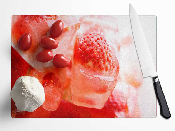 Strawberries On Ice Cubes Glass Chopping Board