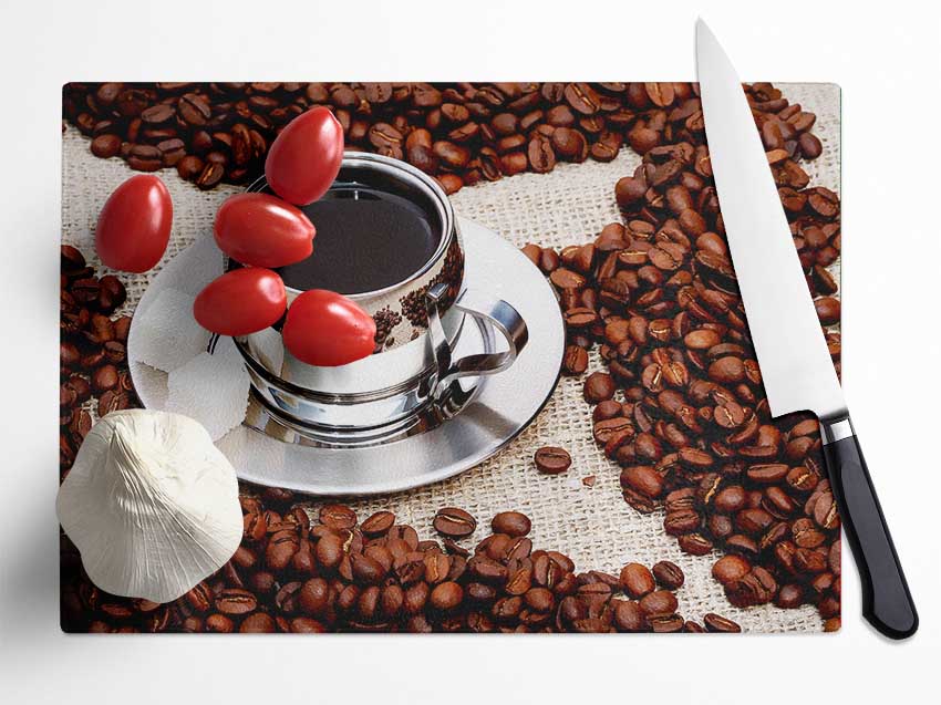 Silver Coffee Beans Glass Chopping Board