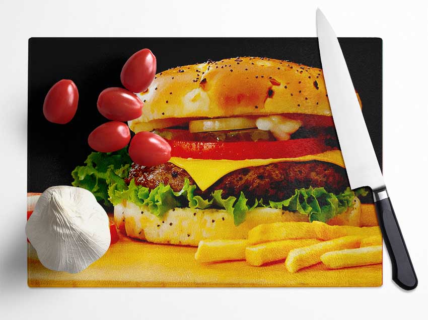 Burger And Fries Glass Chopping Board