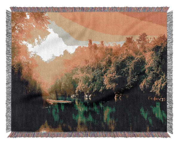 Lush Green Forest River At Sunrise Woven Blanket