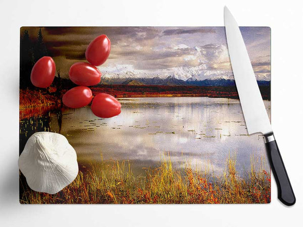 Lake Autumn Clouds Glass Chopping Board