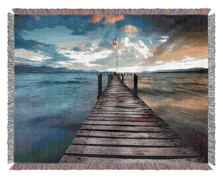 Lake Pontoon At Dusk Woven Blanket