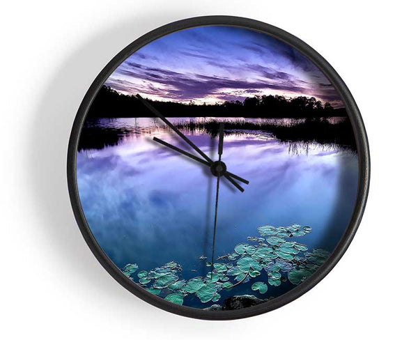 Calm Dusk Water Lily pads Clock - Wallart-Direct UK