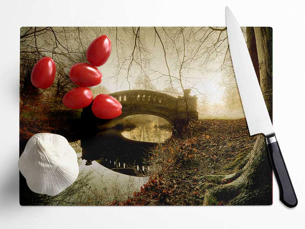 The Misty Autumn Bridge Glass Chopping Board