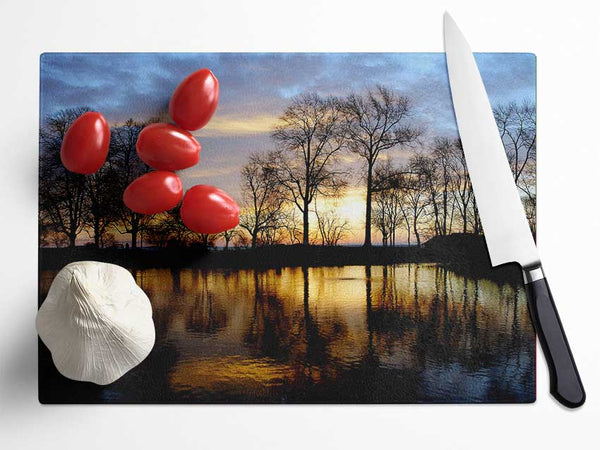 Woodland Lake At First Light Glass Chopping Board