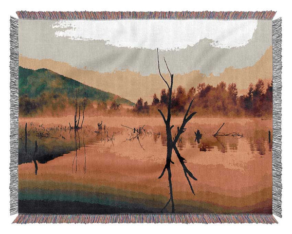 Morning Mist Over The Lake Woven Blanket