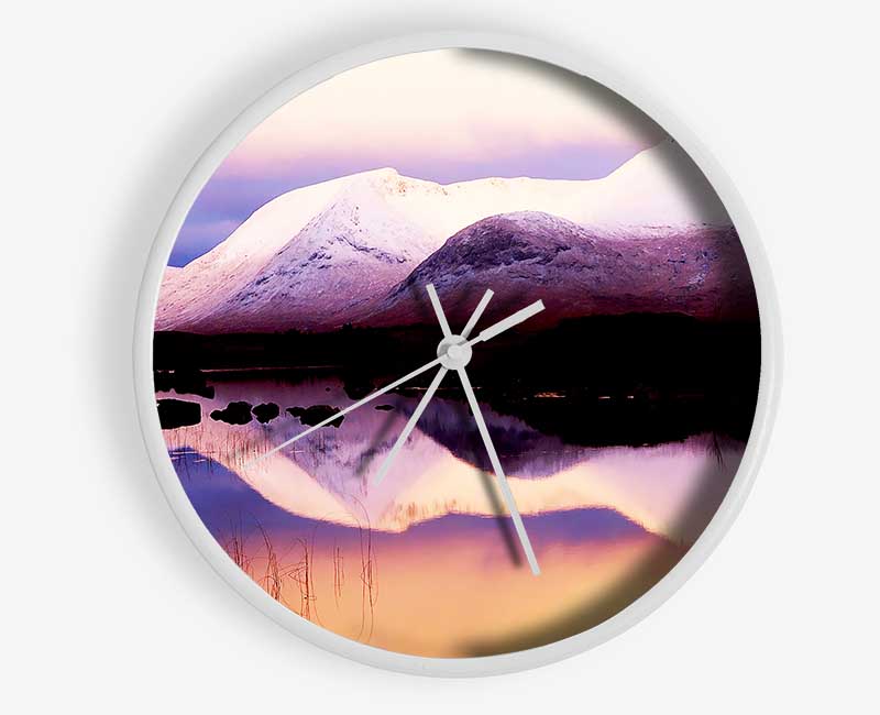 Tranquil Mountain Snow Reflections Clock - Wallart-Direct UK