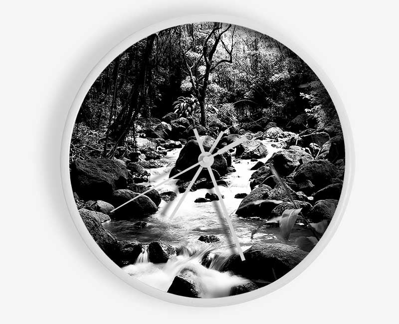 The Stream In The Woodland B n W Clock - Wallart-Direct UK