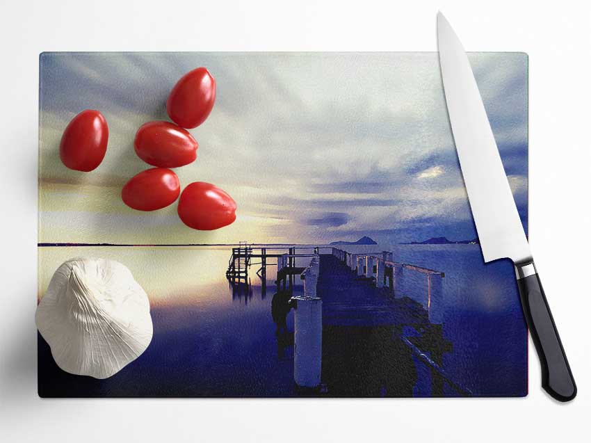 Stunning River Jetty Sunrise Glass Chopping Board