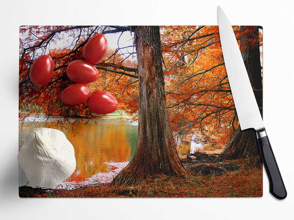 Orange Winter Lake Reflections Glass Chopping Board