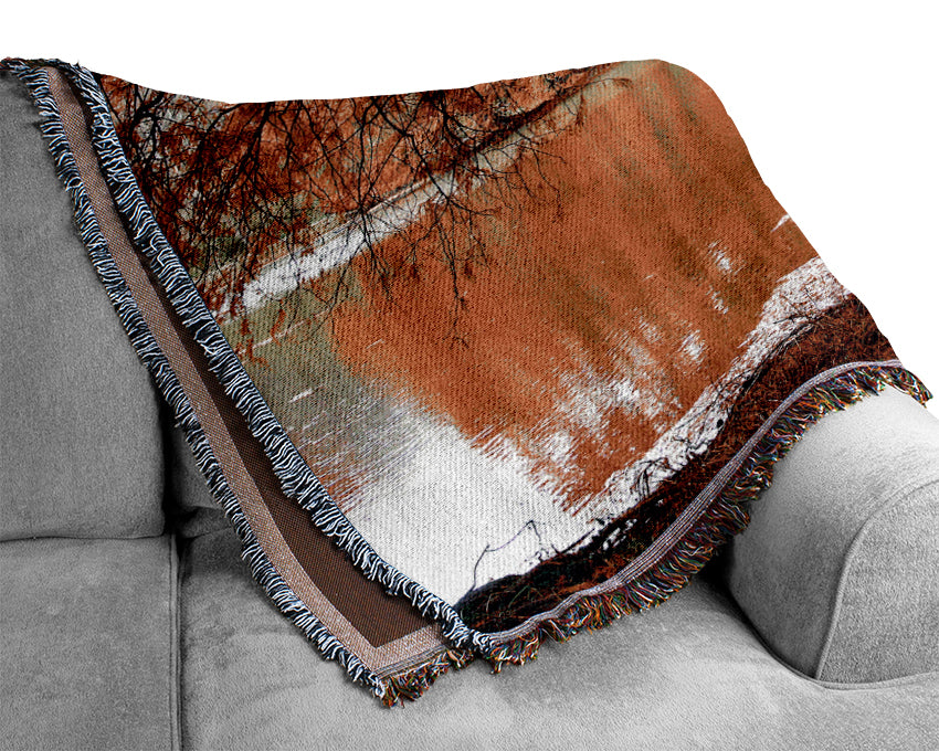 Orange Winter Lake Reflections Woven Blanket