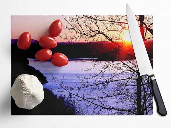 Blazing Red Sun Over The Winter Lake Glass Chopping Board