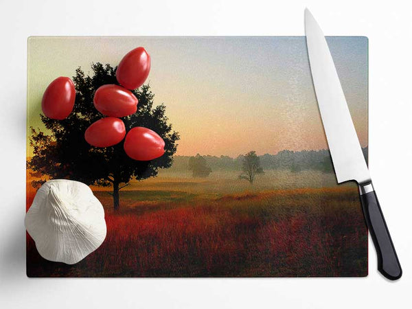 Autumn Sunrise Tree In The Mist Glass Chopping Board