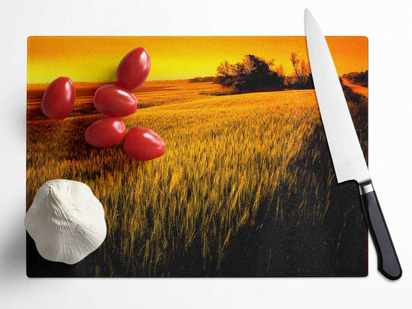 Sunset Over Wheat Field Glass Chopping Board