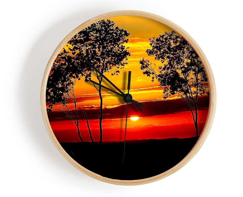 Red Sunrise Through The Trees Clock - Wallart-Direct UK