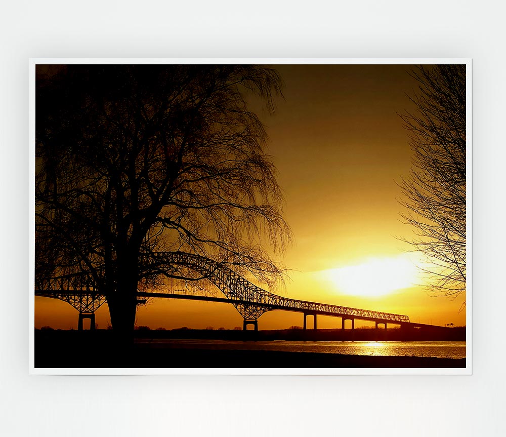 Bridge Over The Yellow Winter Lake Print Poster Wall Art