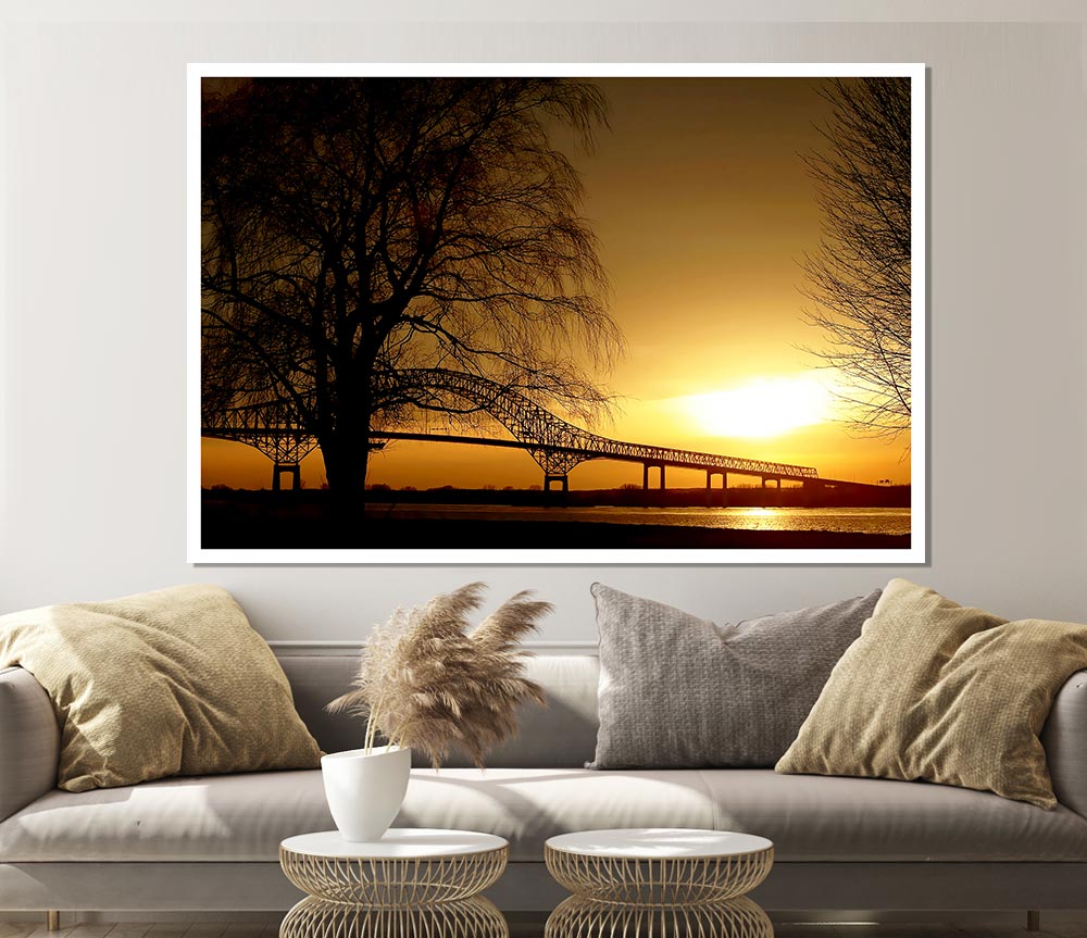 Bridge Over The Yellow Winter Lake Print Poster Wall Art