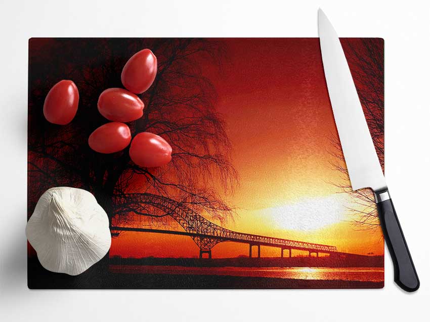 Bridge Over The Orange Winter Lake Glass Chopping Board