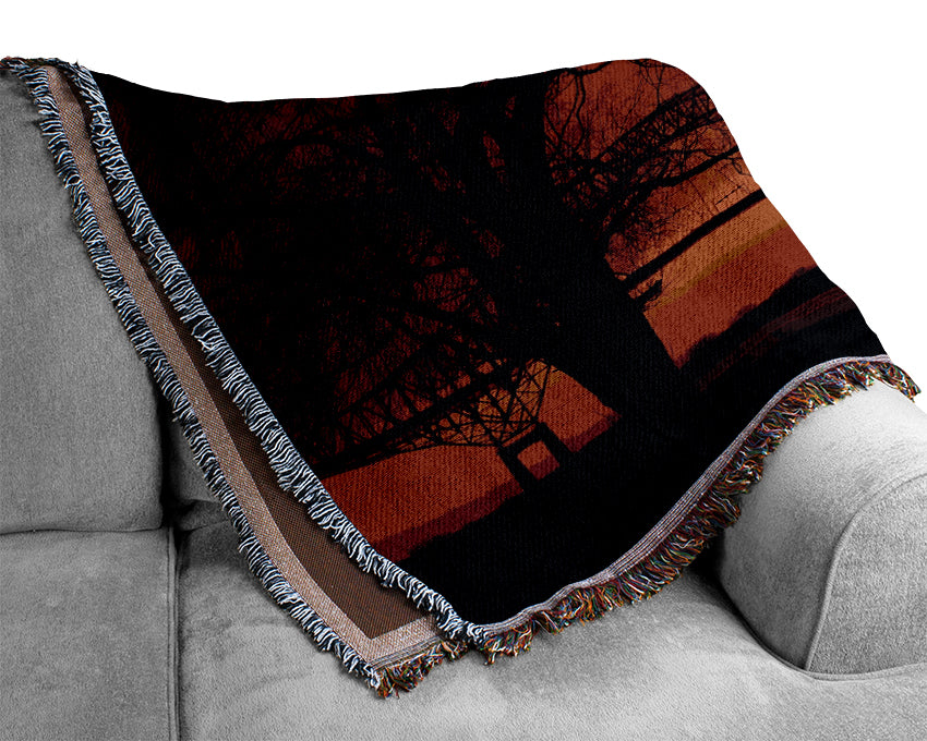 Bridge Over The Orange Winter Lake Woven Blanket