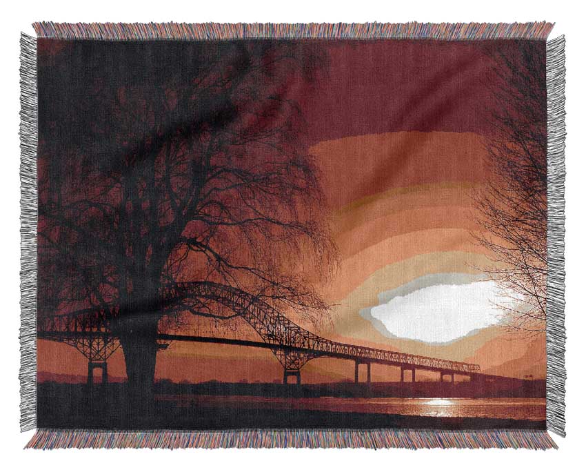 Bridge Over The Orange Winter Lake Woven Blanket