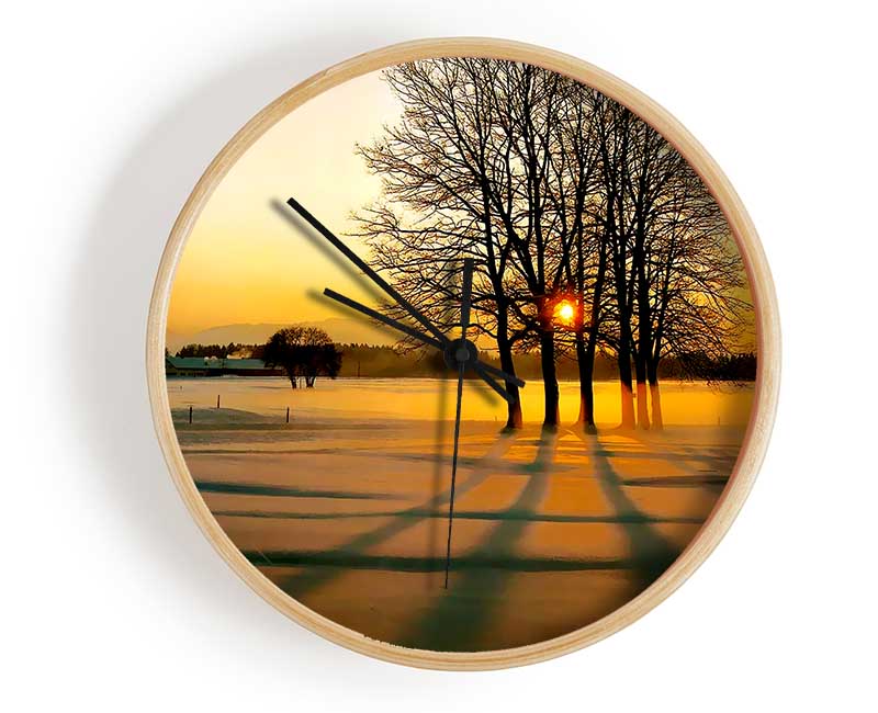 Winter Tree Sunrise Golden Clock - Wallart-Direct UK