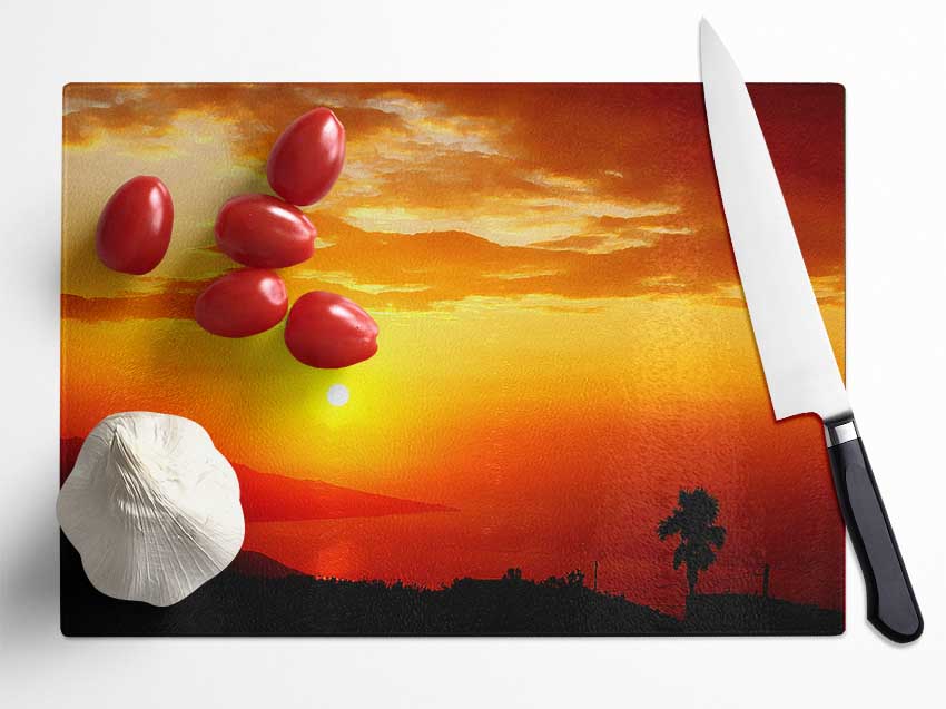 Morning Orange Sun Over The Ocean Glass Chopping Board